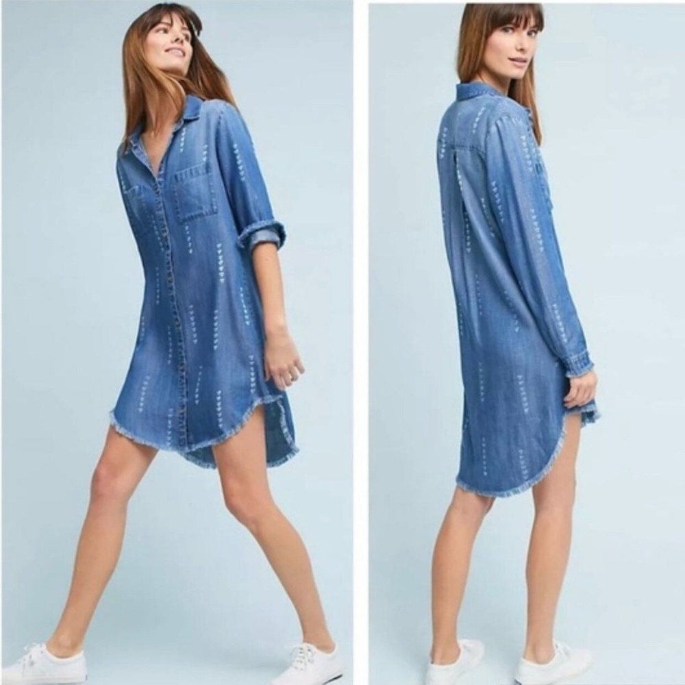 Cloth & Stone shirt dress chambray stamped arrows fringe raw hem